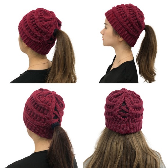 Red Knit Criss Cross Ponytail Pom Pom Beanie - Picture 4 of 15